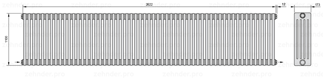 Схема (чертеж) Радиатор Zehnder Charleston 5110/57 №2670 Белый глянцевый RAL 9016